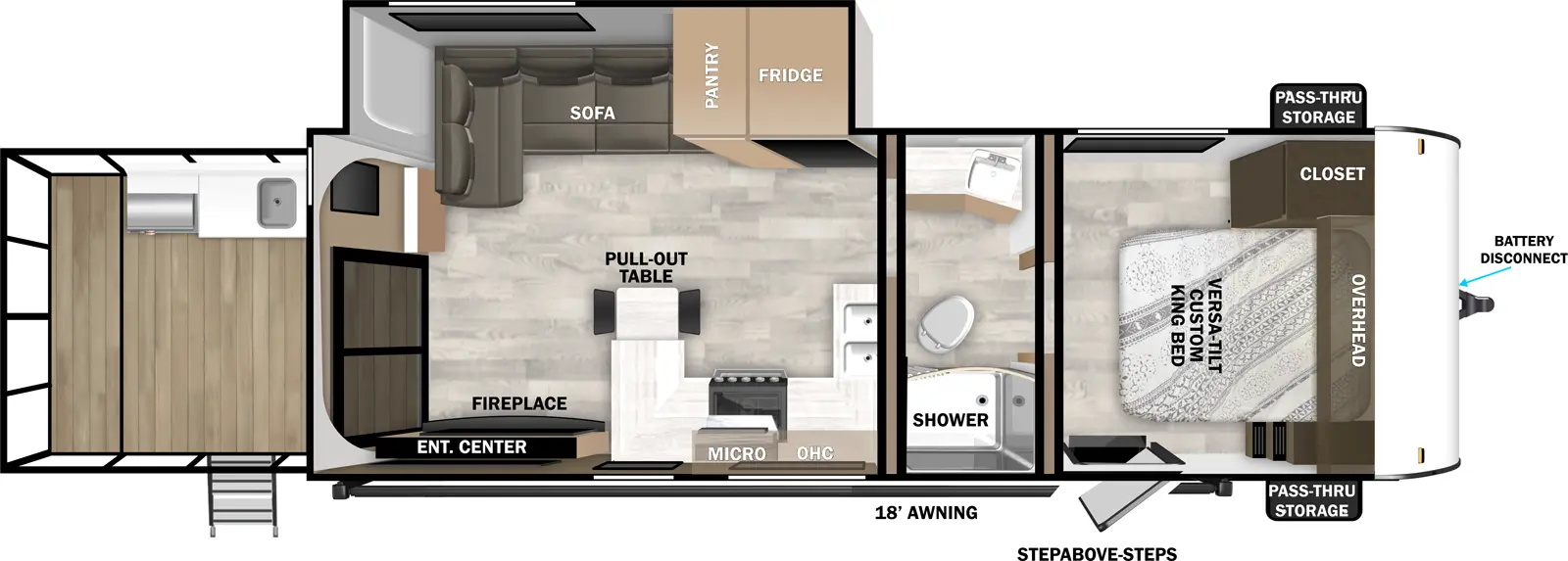 The Cruise Lite 22VERANDA floorplan has two entries and one slide out. Exterior features include: metal exterior, 18' awning and outside kitchen. Interiors features include: front bedroom, rear living and pass through bathroom.